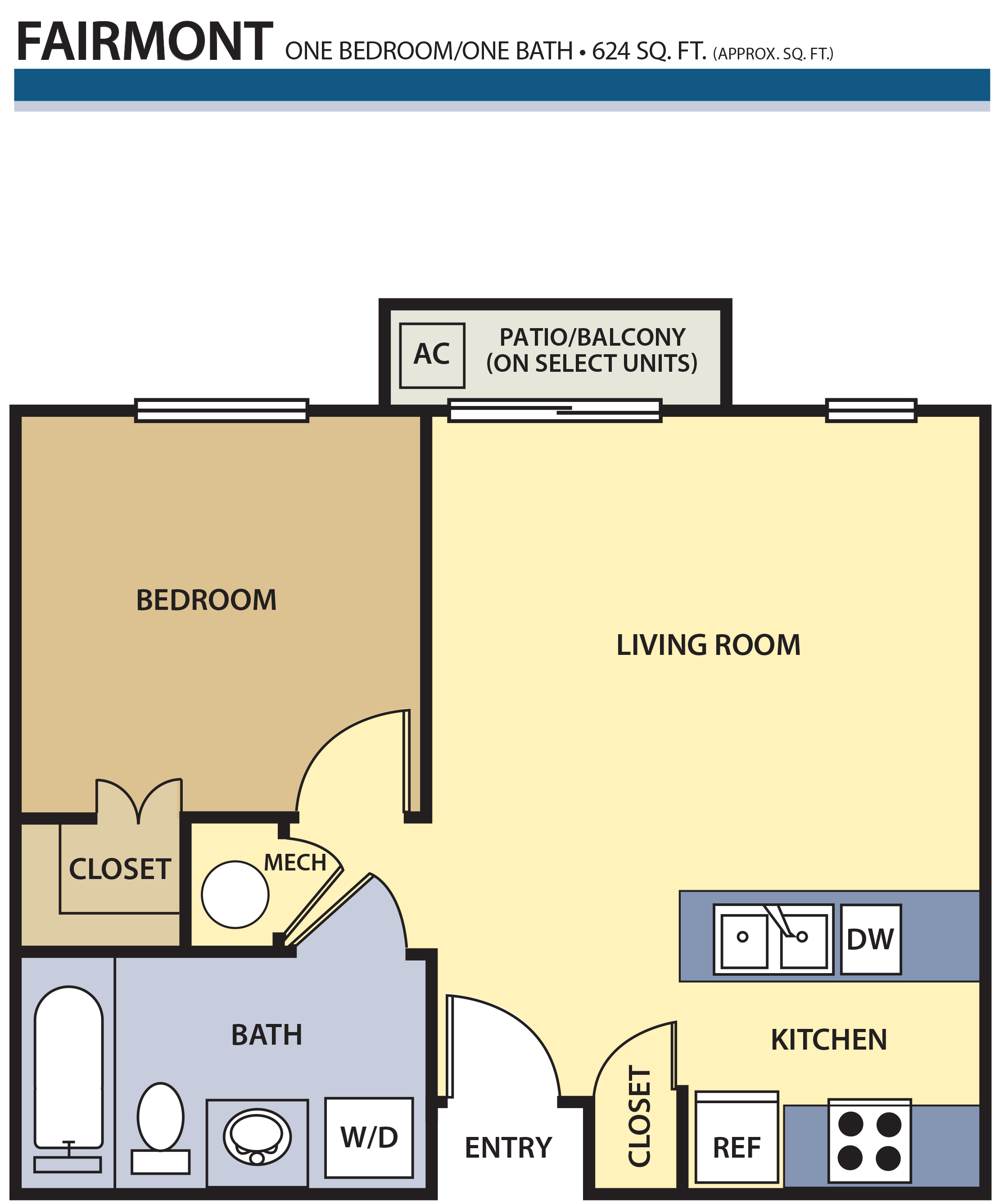 Floor plan for 1 bed, 1 bath, 624 sqft